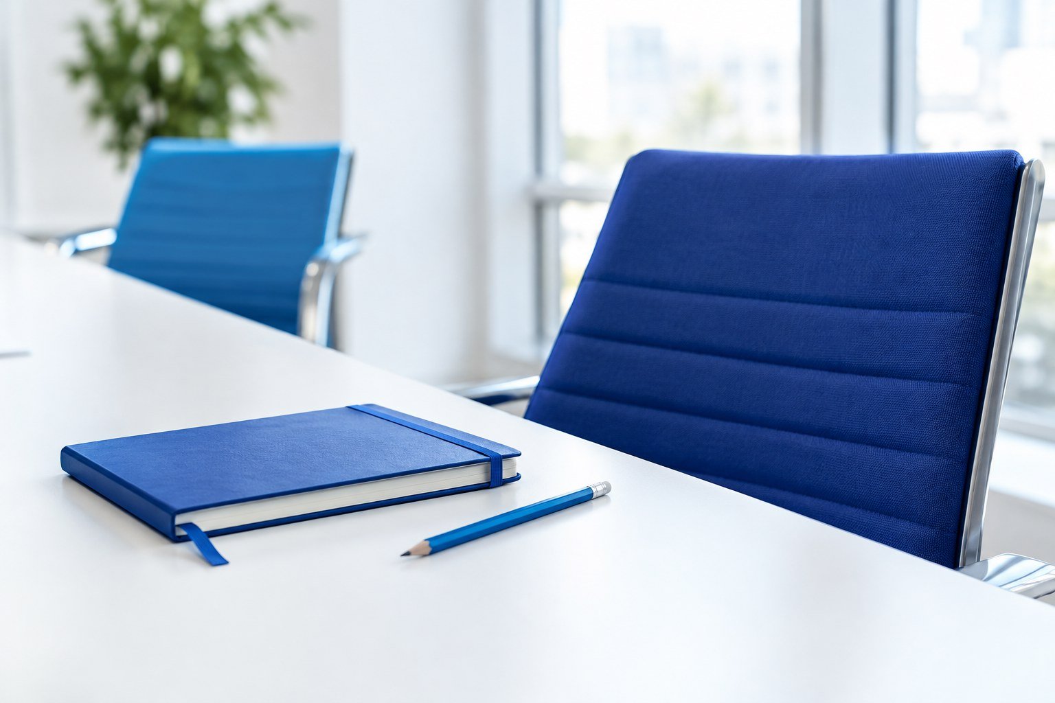 Cuaderno y sillas en un espacio de reunión